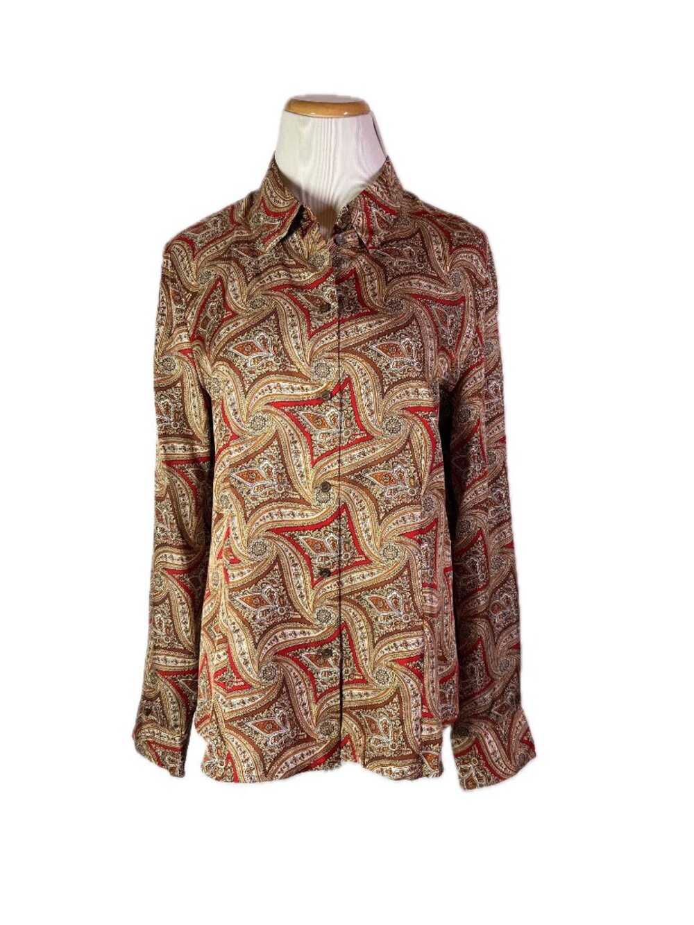 Talbots Size 12 Silk Twill Button-Up Shirt Red Brown Paisley *Flaw